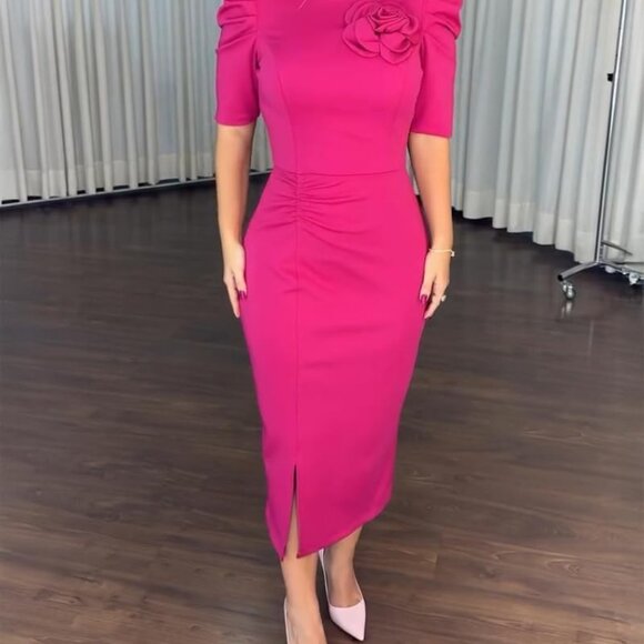 Women's Bodycon Midi Dress Polyster Elastane Puff Sleeve Ruched Work - Picture 3 of 6